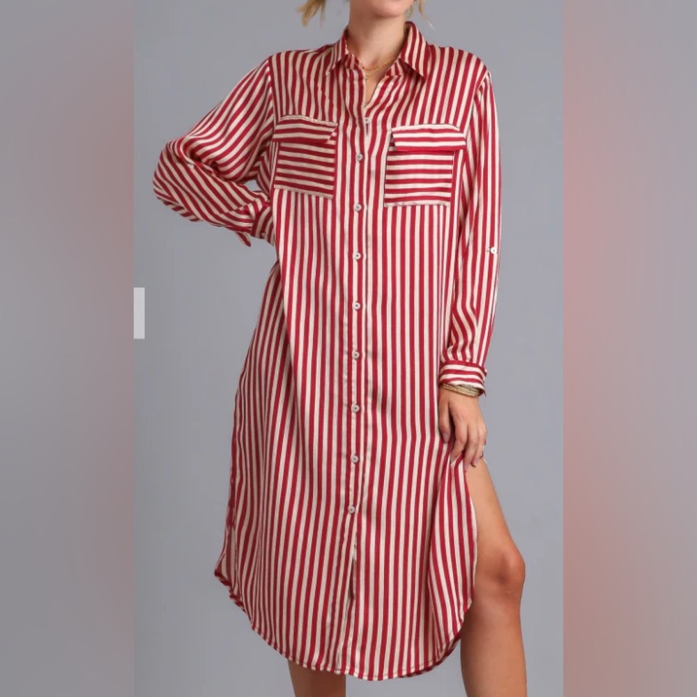 UMGEE Red and Creme Striped Button-Up Dress